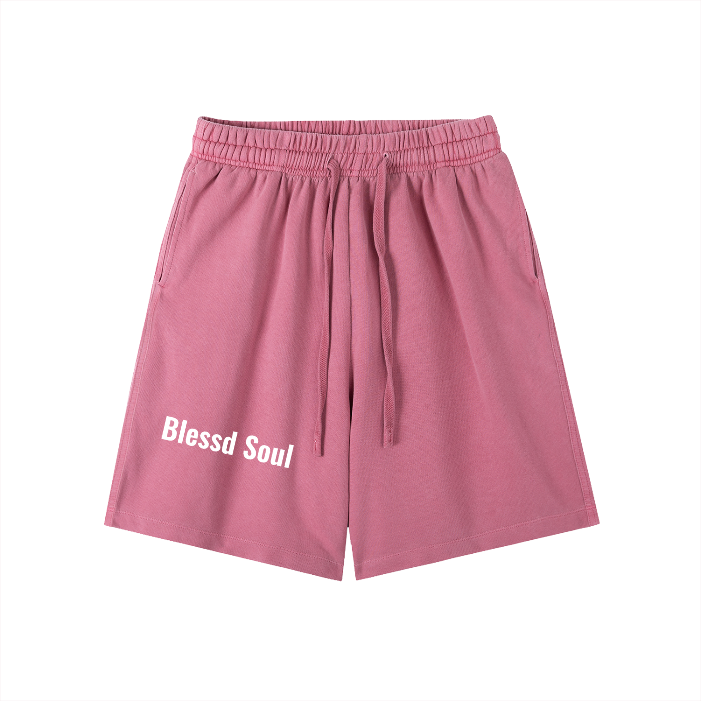 Vintage Wash Logo Shorts in soft pink color with an elastic waistband and side pocket for relaxed streetwear style.