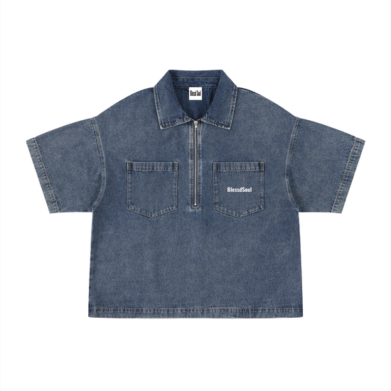 Boxy Quarter-Zip Denim Shirt - Blessd Beginnings