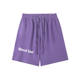 Vintage Wash Logo Shorts in purple with Blessd Soul print for comfortable streetwear style.