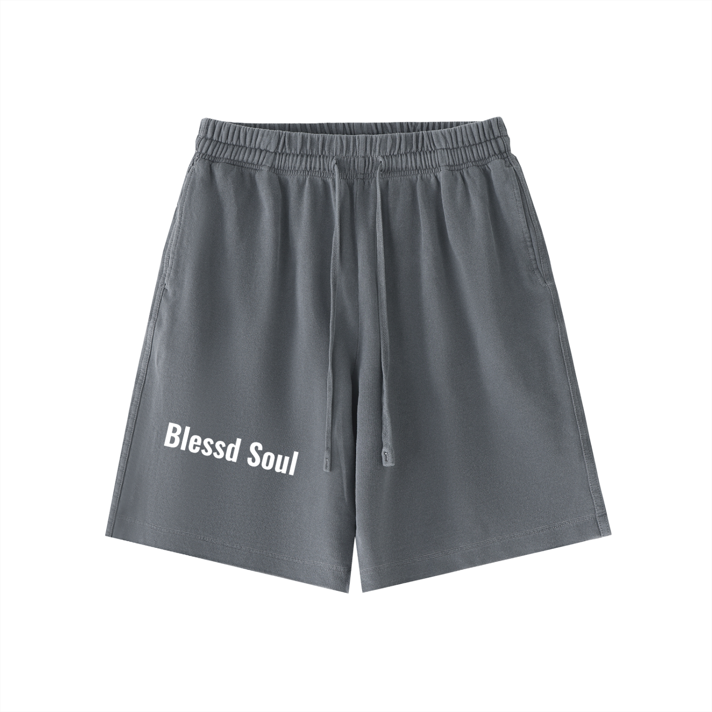Vintage Wash Logo Shorts in gray with Blessd Soul text, showcasing premium streetwear style and comfort.