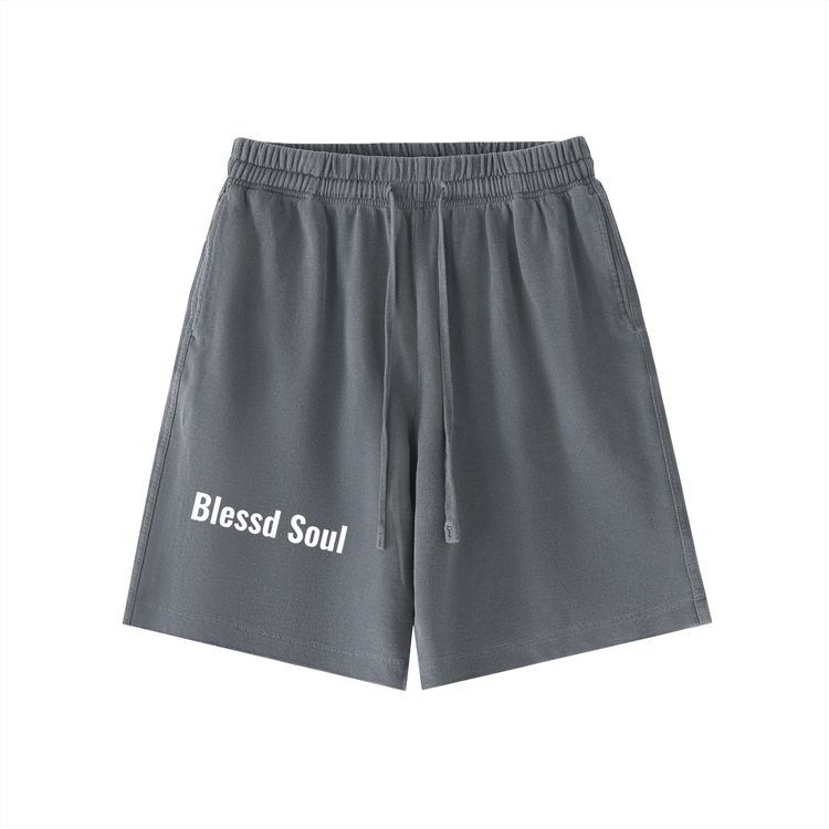 Vintage Wash Logo Shorts in gray with Blessd Soul text, showcasing premium streetwear style and comfort.