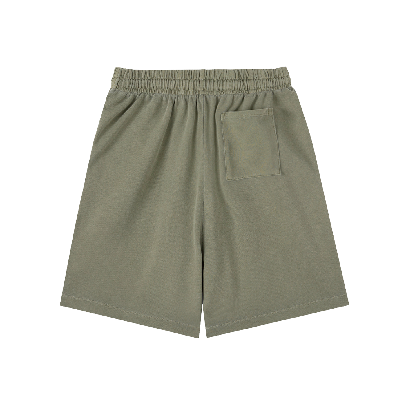 Vintage Wash Logo Shorts in olive green with elastic waistband and back pocket, ideal for casual streetwear style.