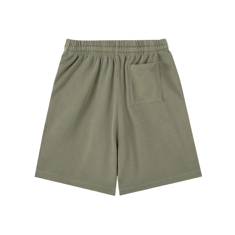 Vintage Wash Logo Shorts in olive green with elastic waistband and back pocket, ideal for casual streetwear style.